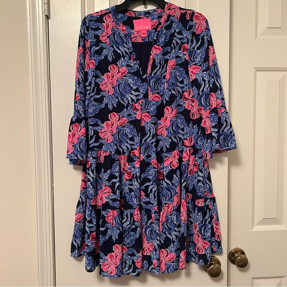 Lilly Pulitzer Gabriel Dress Navy It’s Ofishell Flare Sleeve Lileeze Size 00